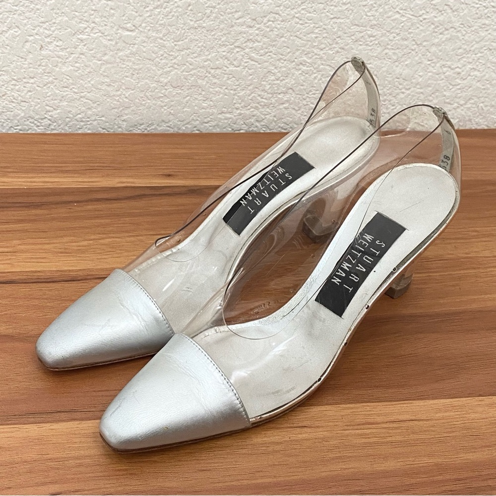 Vintage STUART WEITZMAN Clear Vinyl Silver Captoe Pumps Heels Size 6 Narrow